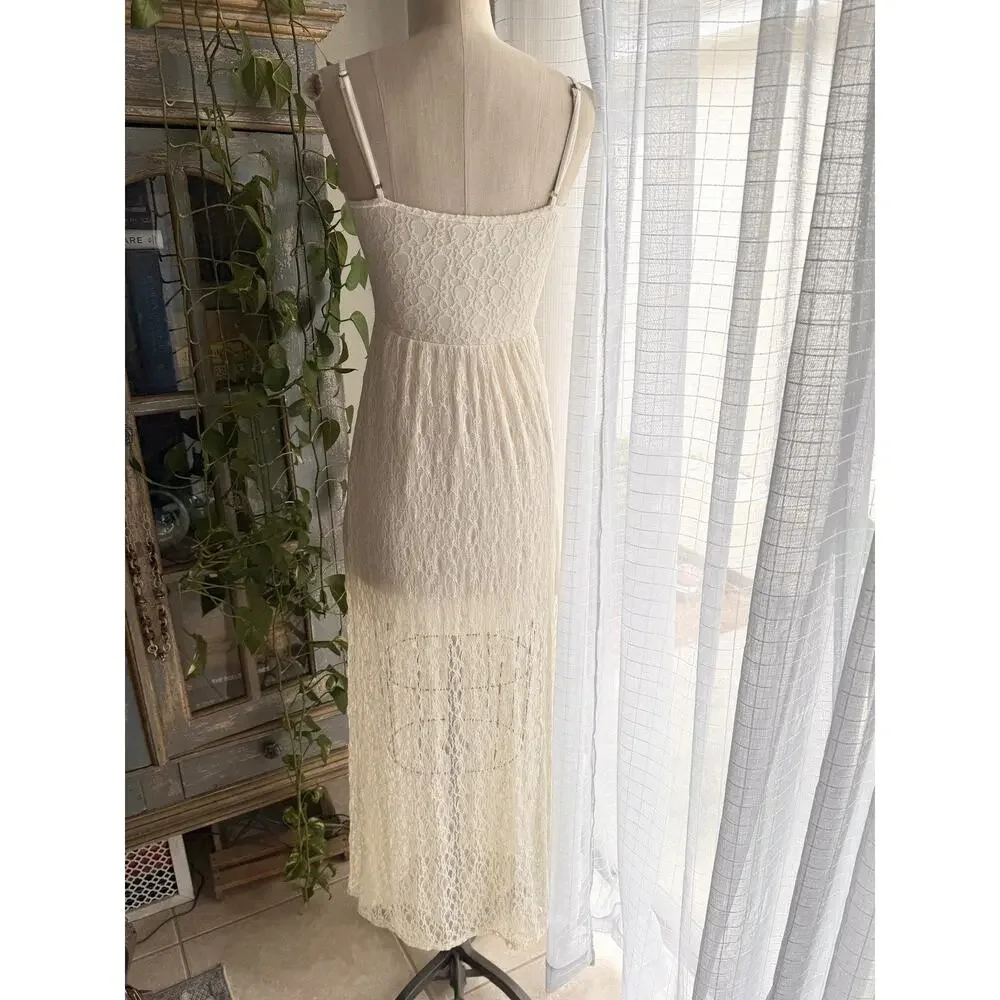 90s Abercrombie and Fitch Ivory Lace Maxi Dress Half Lined Stretchy Fairy Long S